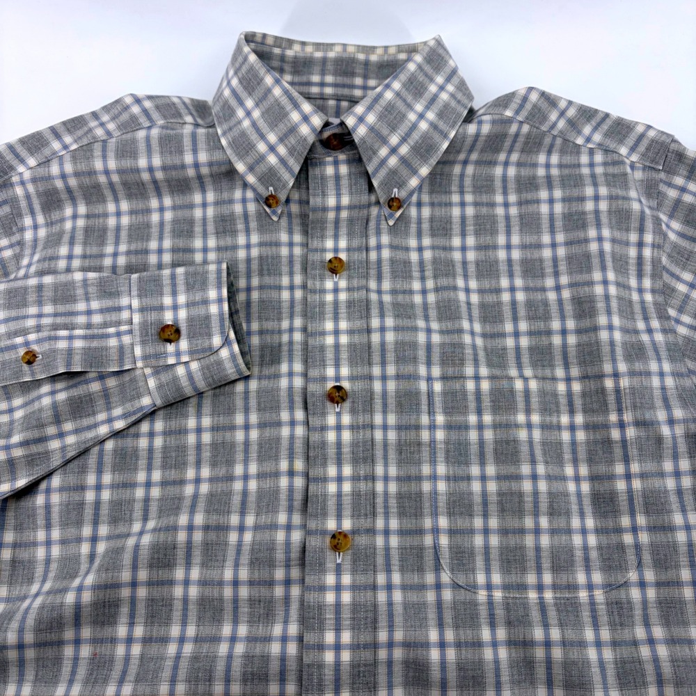 Brooks Brothers Mens Small Cotton Cashmere Plaid Non-Iron Button Down Shirt Grey